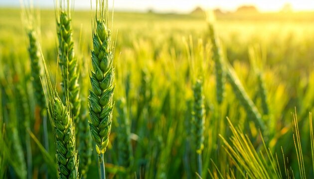 Beautiful green wheat ear growing in agricultural field, rural landscape. - Powered by Adobe