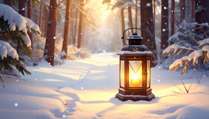 A warm winter's day, a lantern illuminates a snowy forest path, bathed in golden sunlight.