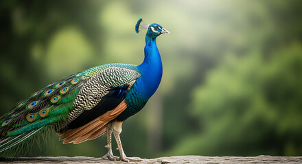 Fototapeta premium Majestic peacock standing proudly in a lush green forest setting