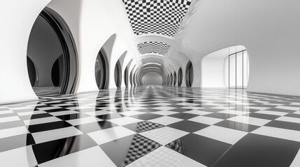 modern interior design. Futuristic hallway with black and white checkered floor