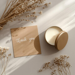 Thank you card with elegant script lies beside lit candle, surrounded by dried flowers casting soft shadows