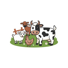 Cute farm animals illustration (cow, sheep, goat, chicken)