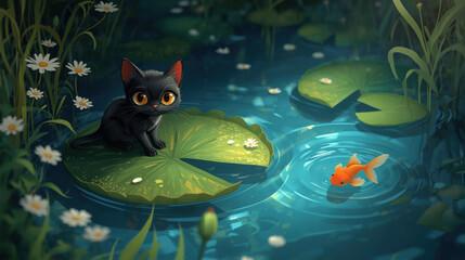 Cute black kitten with big eyes sits on lily pad in pond, watching goldfish swim nearby. scene is surrounded by daisies and lush greenery