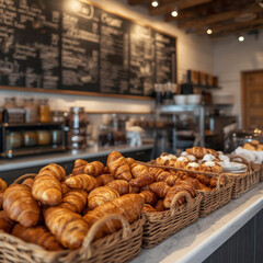 Freshly baked croissants in baskets on cafe counter, with chalkboard menu in background. warm ambiance invites customers