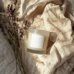Scented candle in frosted glass holder with blank label sits on crumpled fabric next to dried lavender, creating cozy atmosphere