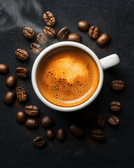 Espresso coffee cup with roasted beans. Hot espresso in white cup surrounded by roasted coffee beans. Rich aroma and dark background.