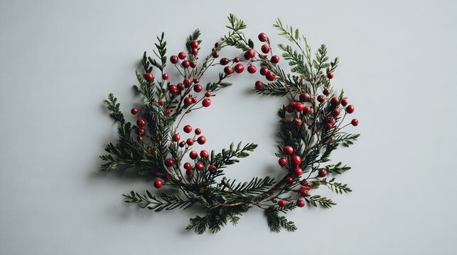 Minimalist Christmas wreath with evergreen branches and red berries arranged in a simple circular design on soft neutral background, festive decor