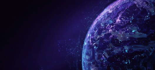Digital Earth, a vibrant purple and blue illustration of the Earth, overlaid with a network of interconnected lines, creating a complex, technological feel