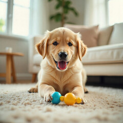Golden retriever puppy playing with colorful toy on cozy carpet in bright living room