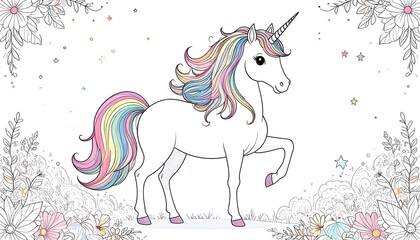 Cute unicorn illustration with floral border