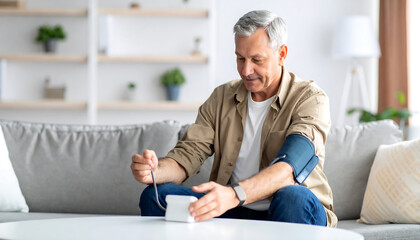 Senior Man Checks Blood Pressure at Home for Health Monitoring