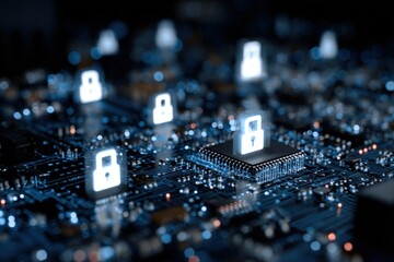 Close-up of circuit board with glowing lock icons on processor chips