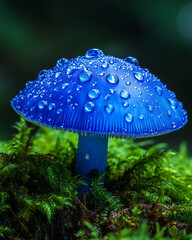 Blue mushroom with water drops in forest