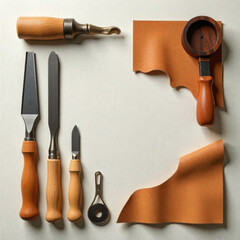 Woodworking tools with wooden handles and leather pieces on light surface