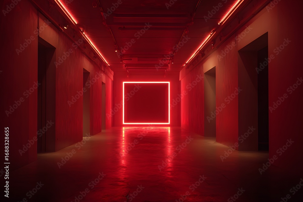 Poster a red neon light background illuminates an empty room with a long corridor and a dark wall with a sq