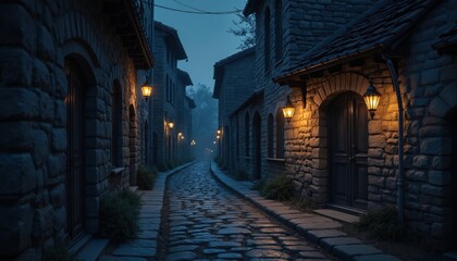 Fototapeta premium Stone buildings line winding cobblestone alleyway at night. Warm light emanates from gas lanterns, casting shadows, creating mysterious, quiet atmosphere. Rustic architecture suggests historic