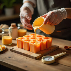 Pouring wax into orange candle molds on wooden table, surrounded by tools and ingredients, creating warm and cozy atmosphere