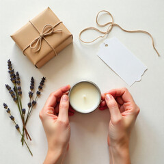 Gift wrapping with lavender and candle creates cozy atmosphere