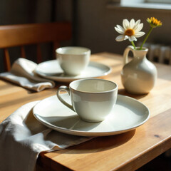Cozy morning scene with white ceramic cups and plates on wooden table, accompanied by small vase with daisies