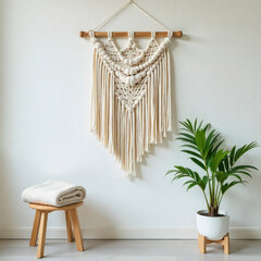 Macrame wall hanging with intricate patterns decorates minimalist room, featuring wooden stool and potted plant