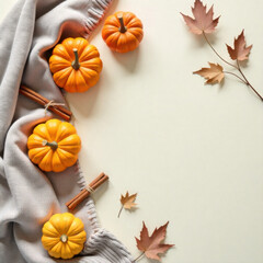 Pumpkins and autumn leaves on beige background create cozy fall scene