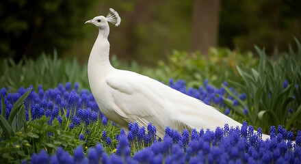 Elegant white peacock standing in a field of vibrant blue flowers