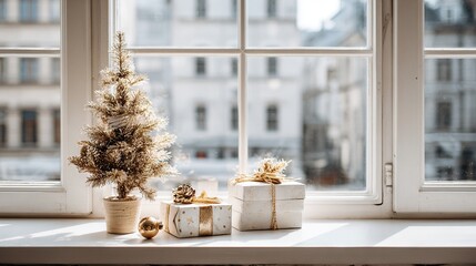 Cozy holiday windowsill with small decorated Christmas tree, wrapped presents, and golden ornaments, creating a festive home atmosphere