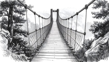 Fototapeta premium Suspension Bridge Drawing Over Valley with Forest, Perspective View