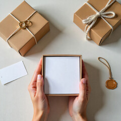 Gift box with blank card held by hands, surrounded by wrapped presents and wax seal