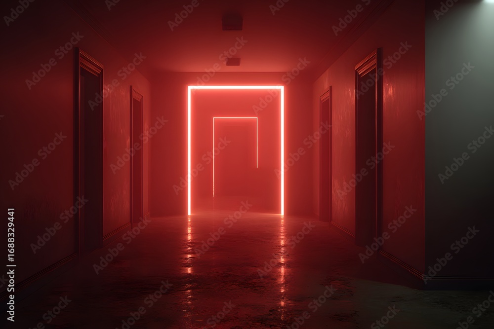 Poster a red neon light background illuminates an empty room with a long corridor and a dark wall with a sq