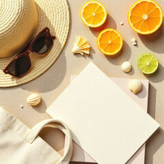 Summer essentials with straw hat, sunglasses, citrus fruits, and seashells on sandy background
