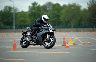 Man wearing helmet rides motorcycle through obstacle course with orange cones. Focus on learning safe motorcycle handling skills. Outdoor training session on asphalt lot.