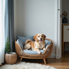 Cozy dog relaxing in stylish wicker bed with cushions, next to small potted plant in modern living room