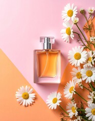 A clear, amber perfume bottle sits atop a split-toned background of peach and pink, surrounded by a cluster of daisies