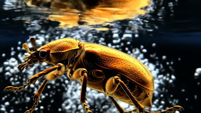 a diving beetle, its metallic body shimmering as it traps air bubbles and ambushes small fish with deadly precision