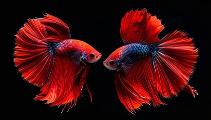 Obraz premium Beautiful movement of red betta fish, Two Fancy Halfmoon Betta, The moving moment beautiful of Siamese Fighting fish, Betta splendens, Rhythmic of Betta fish isolated on black background.