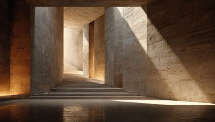 Light-filled, beige stone hall