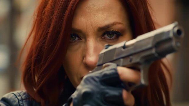 Intense Focus Redhead with Gun, Action Movie Scene