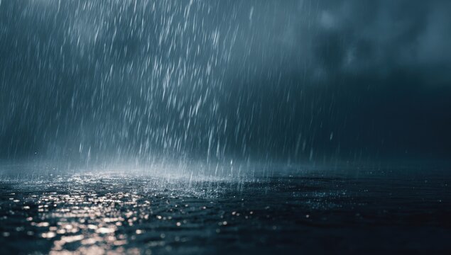 Heavy rain falling at night