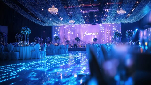 A lavish wedding reception hall with illuminated floor.