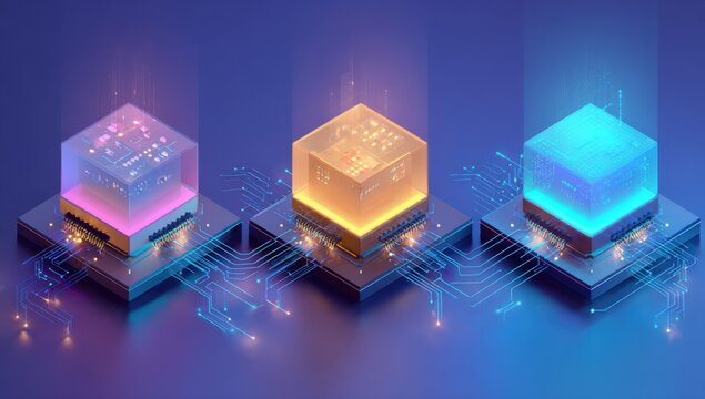 Three glowing, cubed processors, lit from within, sit on layered metal platforms with circuit board traces