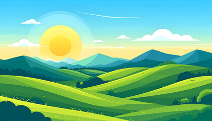 Fototapeta premium Cartoon landscape illustration shows rolling green hills mountains and a bright sun.