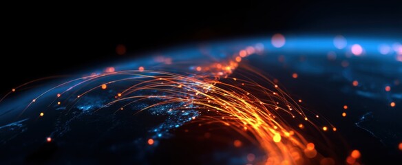 Global network of vibrant, streaked light trails swirling around a globe