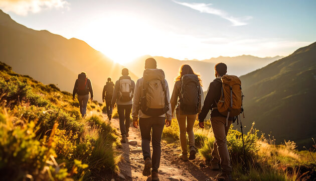 Adventurous group of hikers making their way up a winding mountain trail during a spectacular golden hour sunset, celebrating friendship and the beauty of nature