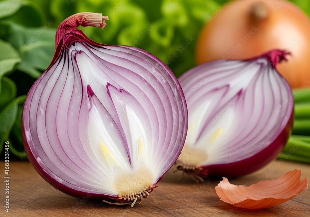 Poster close-up view of two halves of a vibrant purple onion, showcasing its intricate layers and delicate 
