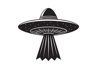 Flying saucer silhouette vector, UFO spaceship illustration with beam of light in black and white design.