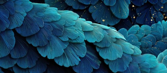Close-up of many layered, teal-blue feathers.  Delicate, overlapping structures, with hints of gold specks.  The deep blue tones create a rich, textured look