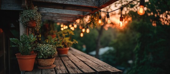 Naklejka premium Outdoor patio with plants and string lights at sunset