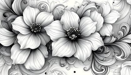 Black and white floral illustration with detailed petals and swirling background elements.