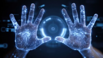 Two glowing hands, digital overlay